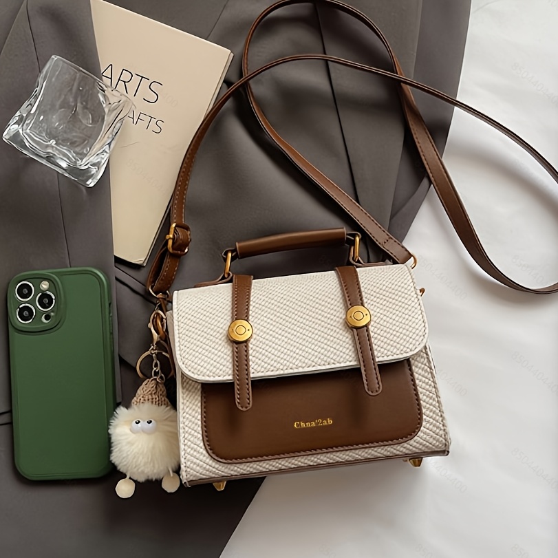 Image of Elegant Light Luxury Woven Texture Women' With Strap And Pendant Handbag Beige Brown Contrast Single Shoulder Crossbody Commuter Casual Bag