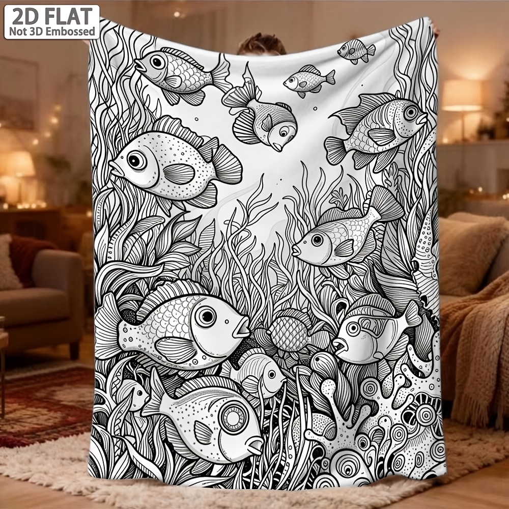 TEMU 2d Flat Adult Flannel Blanket 1pc, Colorable, Black And Design. This Colorable Blanket An Theme And Is Soft And Skin-friendly, Your Home Sofa