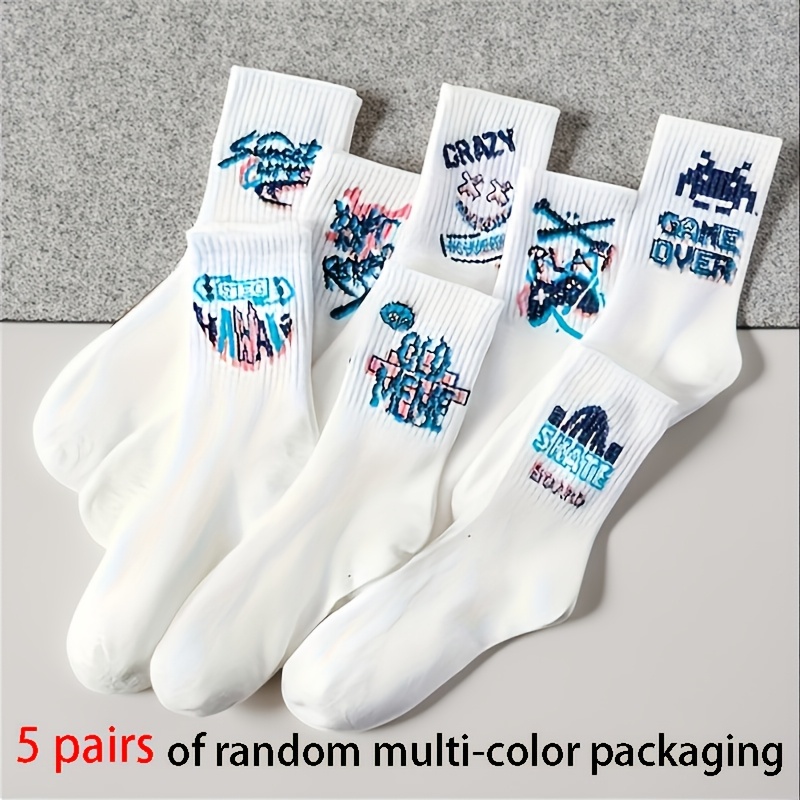 E-shop Zufällige, mehrfarbige, lebendige Graffiti Mid-Calf Socken, 5er-Pack - Teenager Socken - Weiche Mischung, elastisches Spandex, geometrisches