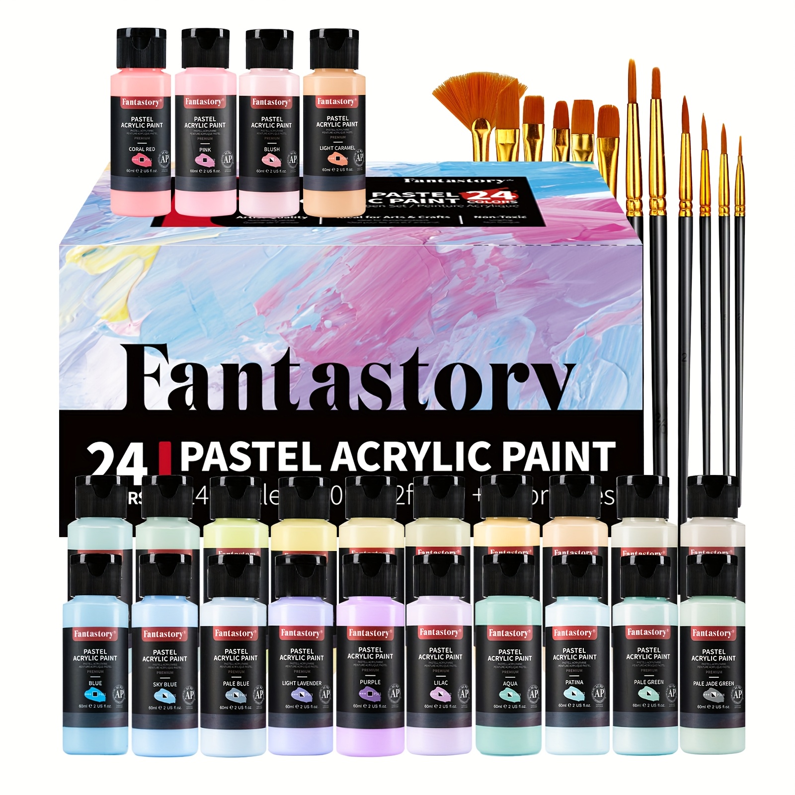 Image of Fantastory Iridescent Acrylic Paint Set, 24 Iridescent Colors(2oz), Professional Craft Paint Kit, Canvas, Rock, Stone, Ceramic, Model, Wood Painting With 10 Brushes Halloween Fall Decor Christmas
