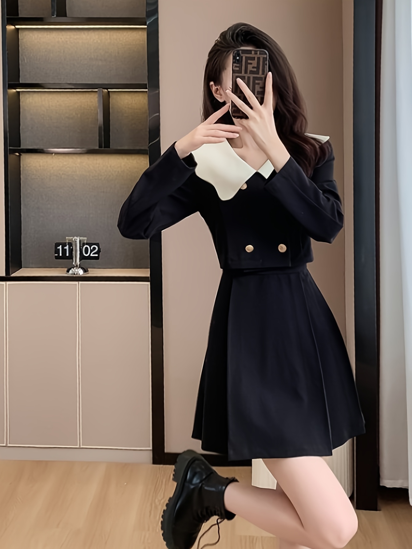 french style peter pan collar 2 in 1 look long sleeve dress - Temu Oman
