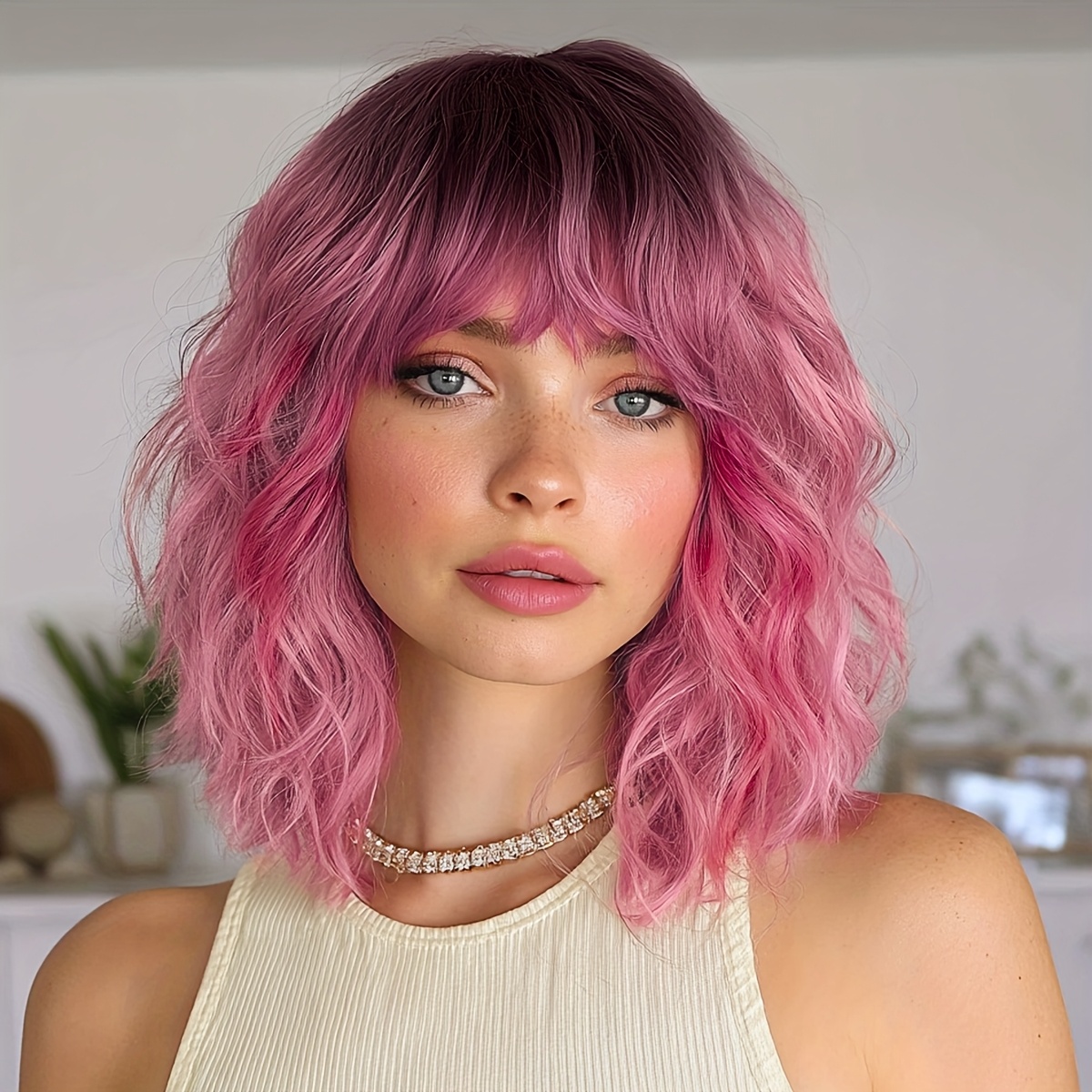 14-inch Wig With Pink Highlights And Curly Hair For Women, Featuring Bangs And Made From High-temperature Fiber. It Has An Elegant Wavy Style, Perfect For Festivals And Casual Outfits