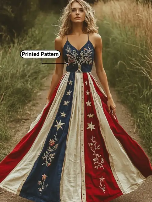 long american flag dress ladies fashionable flag printed suspender long dress spring