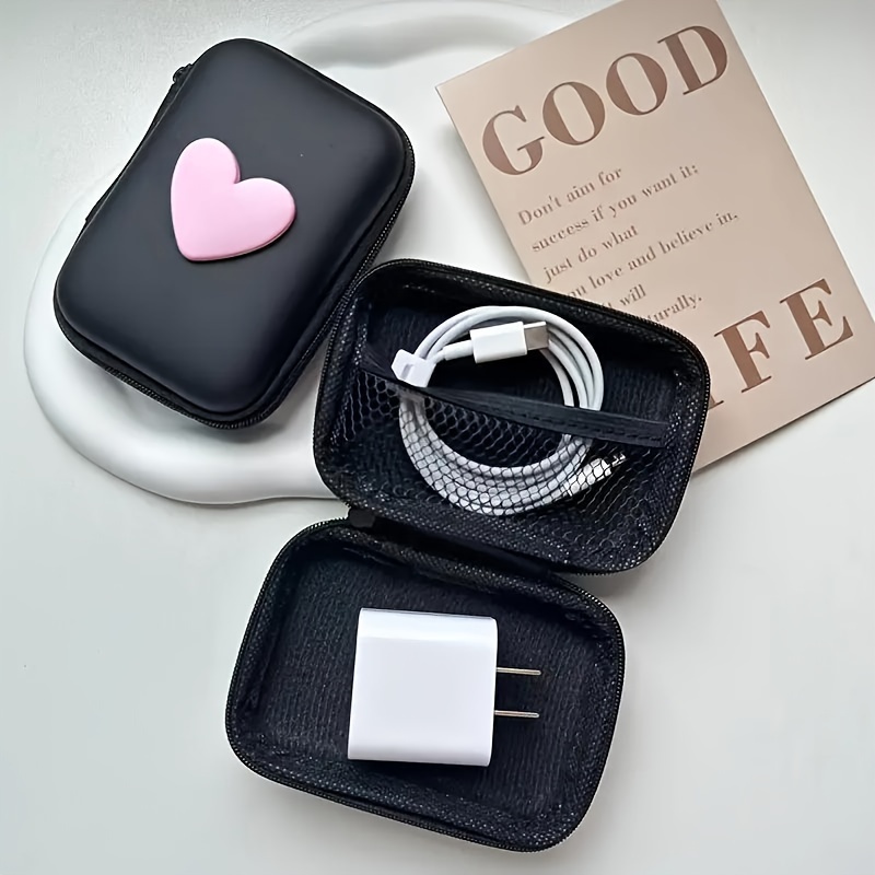 

Pu Leather Heart-shaped Earphone And Charger Storage Case With Zipper Closure - Anti-fall Design, Cable Organizer, No Battery Required