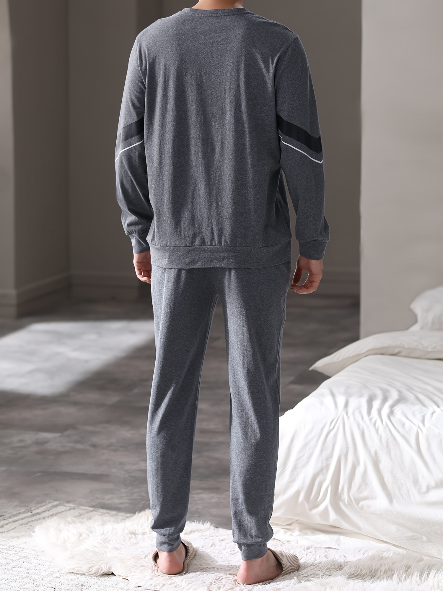 DOLAMI Men's Casual Cotton Pajama Set - 100% Cotton Crew Neck Long Sleeve Sleepwear with Pockets, Alphabets Pattern, Knit Fabric, Slight Stretch, Regular Fit Lounge Set for Spring/Fall