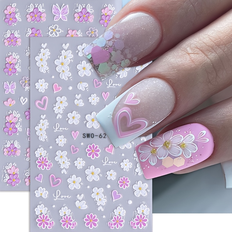 

2pcs Embossed Floral Nail Stickers, Flower Love Shape Self-adhesive Nail Stickers, Suitable For Valentine's Day Nail Decoration, Spring Nail Art Supplies