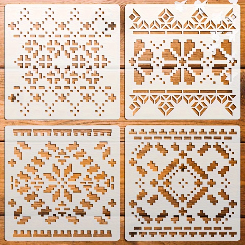 TEMU 4 Pochoirs de point de croix géométriques bohèmes réutilisables pour peindre sur bois, tissu, toile, mur – Gabarits de dessin d'art en plastique