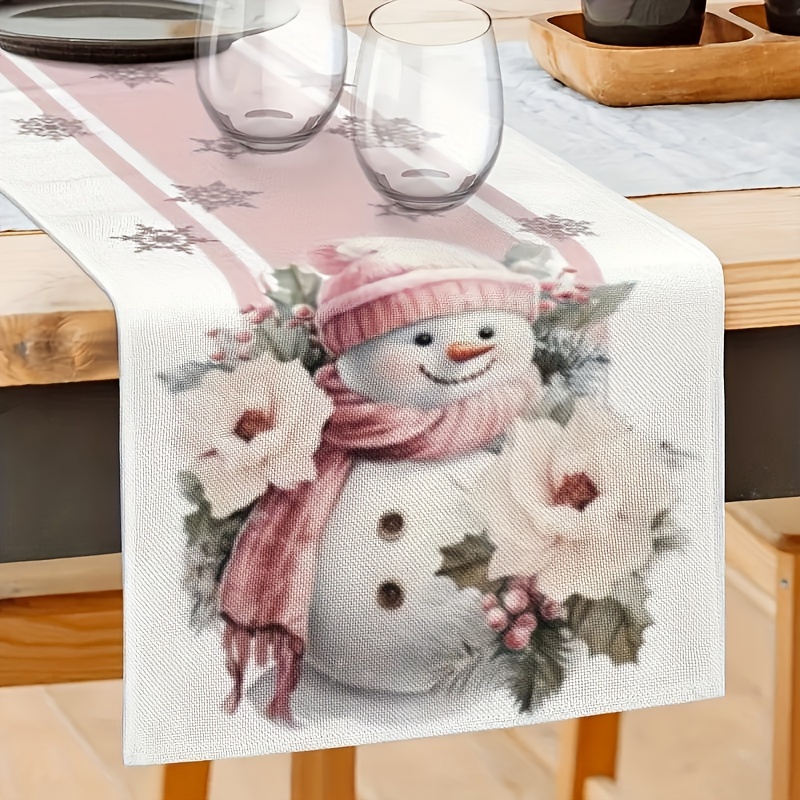 

1pc Festive Snowman & Floral Table Runner - Polyester, Rectangular, Christmas, Holiday Parties, And Home Decor