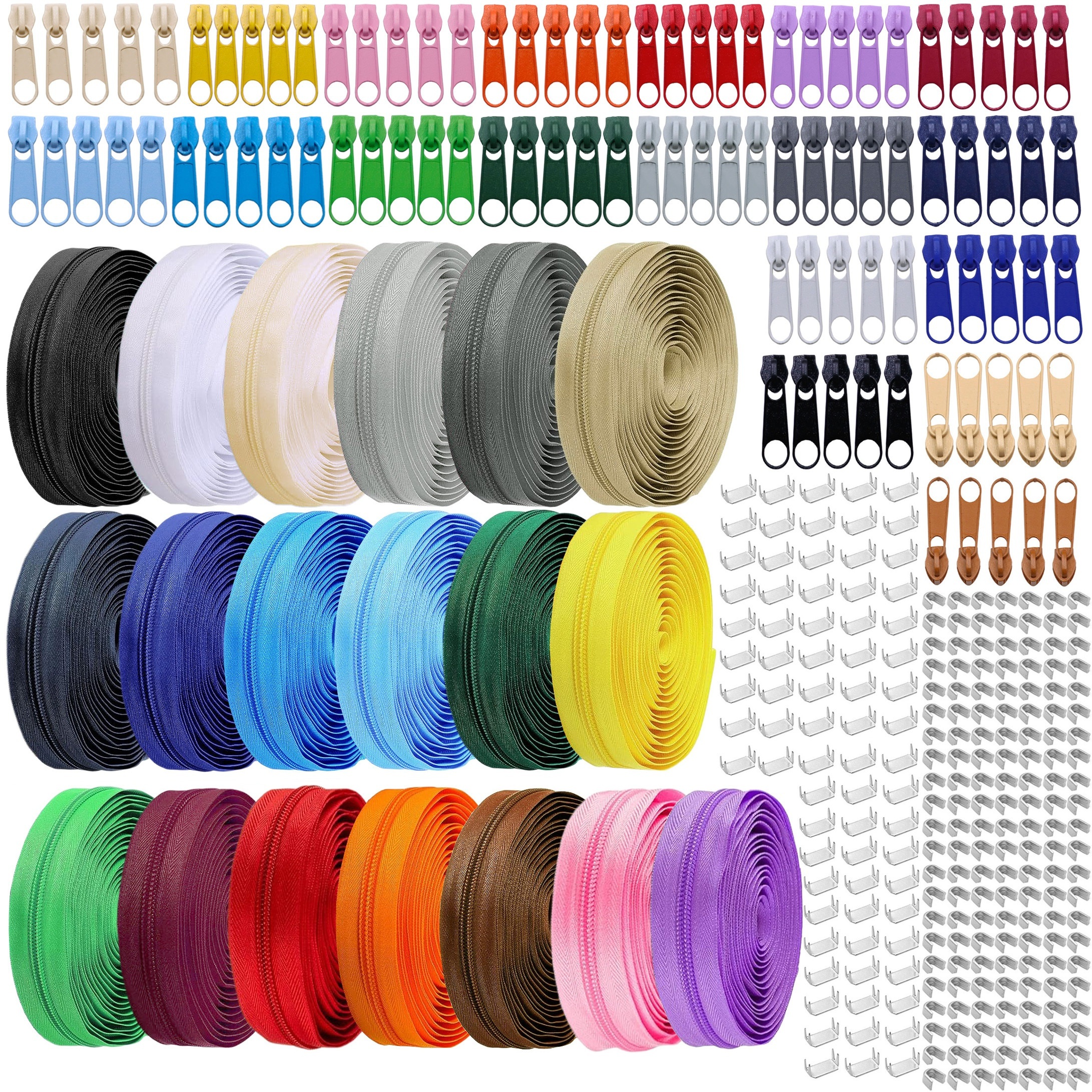 

19 Colors No. 5 Zipper 76 Yards Long 95 Zipper Heads + 95 Upper Stoppers + 190 Lower Stoppers