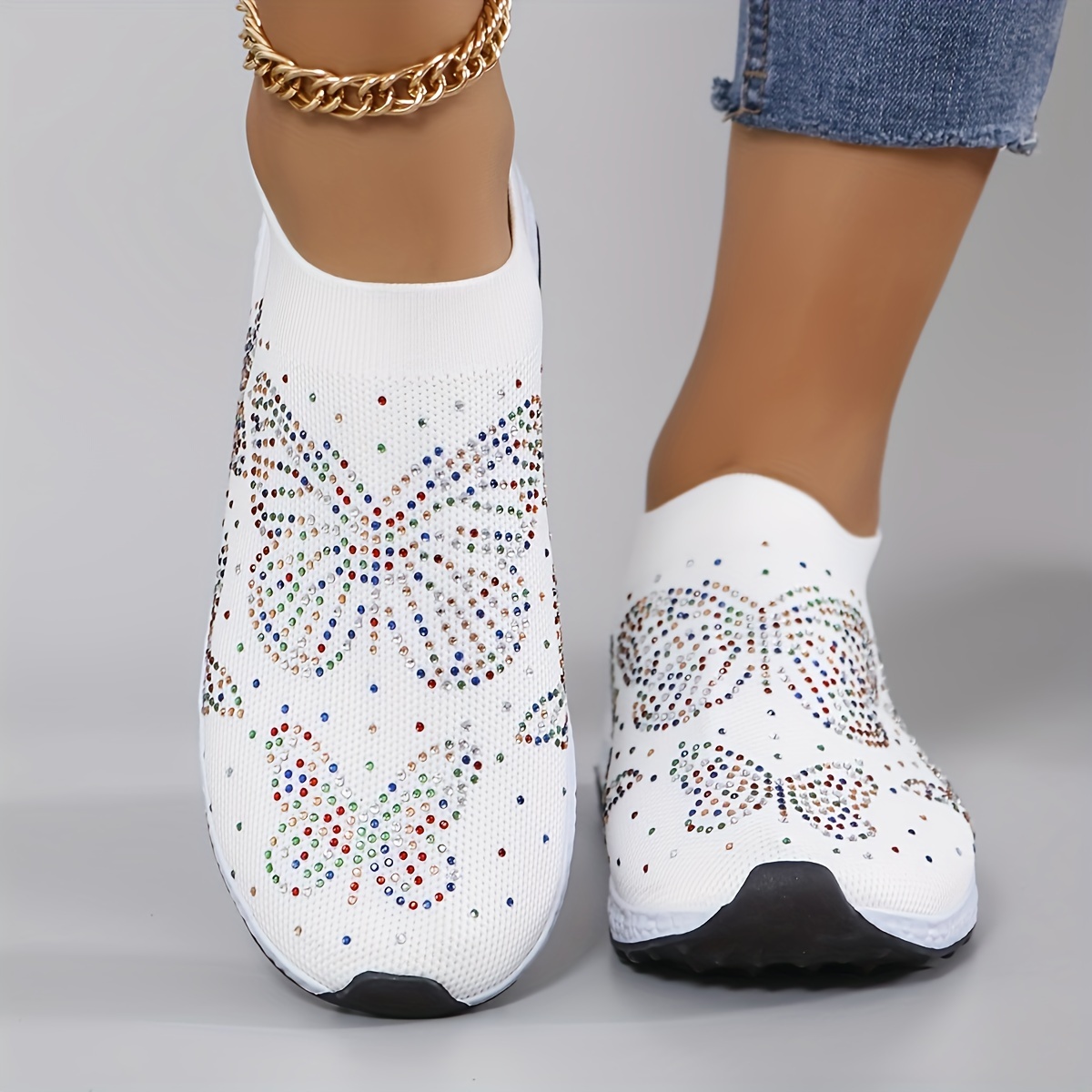 

Chaussures de sport pour femmes avec motif papillon en strass, chaussures d'extérieur respirantes en tricot à enfiler, chaussures basses confortables