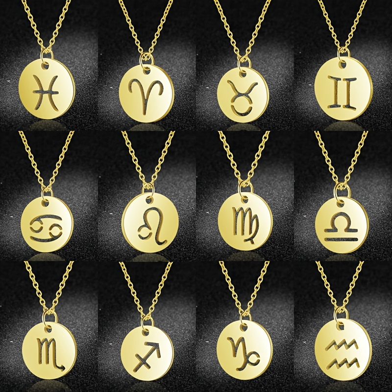 Vintage Zodiac Pendant Necklace Stainless Steel Chain Twelve Constellations