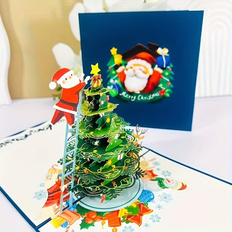 TEMU Santa Claus Christmas Tree 3d Pop-up Card - Laser-cut Holiday Greetings For Family, , And