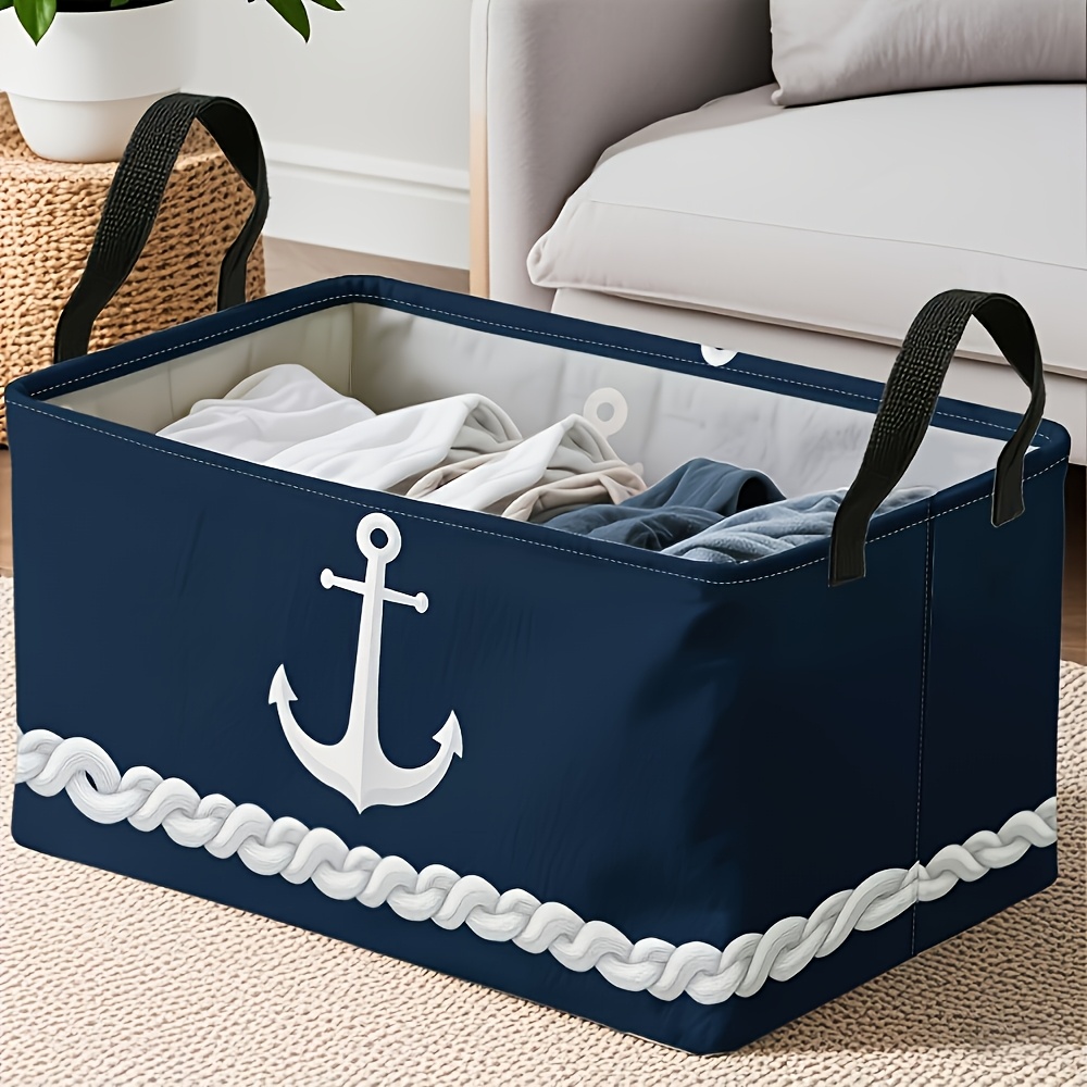 TEMU Panier de rangement ouvert carré pliable 1 pièce, motif d' et corde bleu marine, en toile Oxford durable avec cadre en métal, bac de rangement