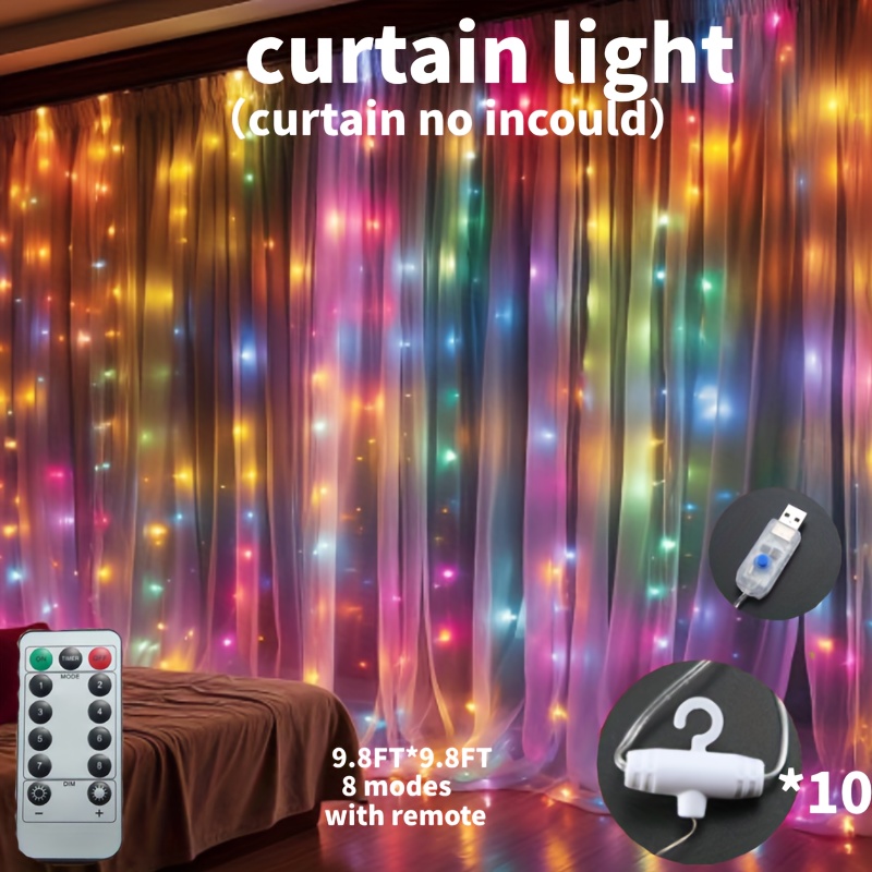 

300 Led Dimmable Curtain Fairy String Lights With Remote And Timer, Rgb, 8 , Usb Powered For Bedroom, Party, Wedding, Home Garden, Christmas Tree Wall Decor