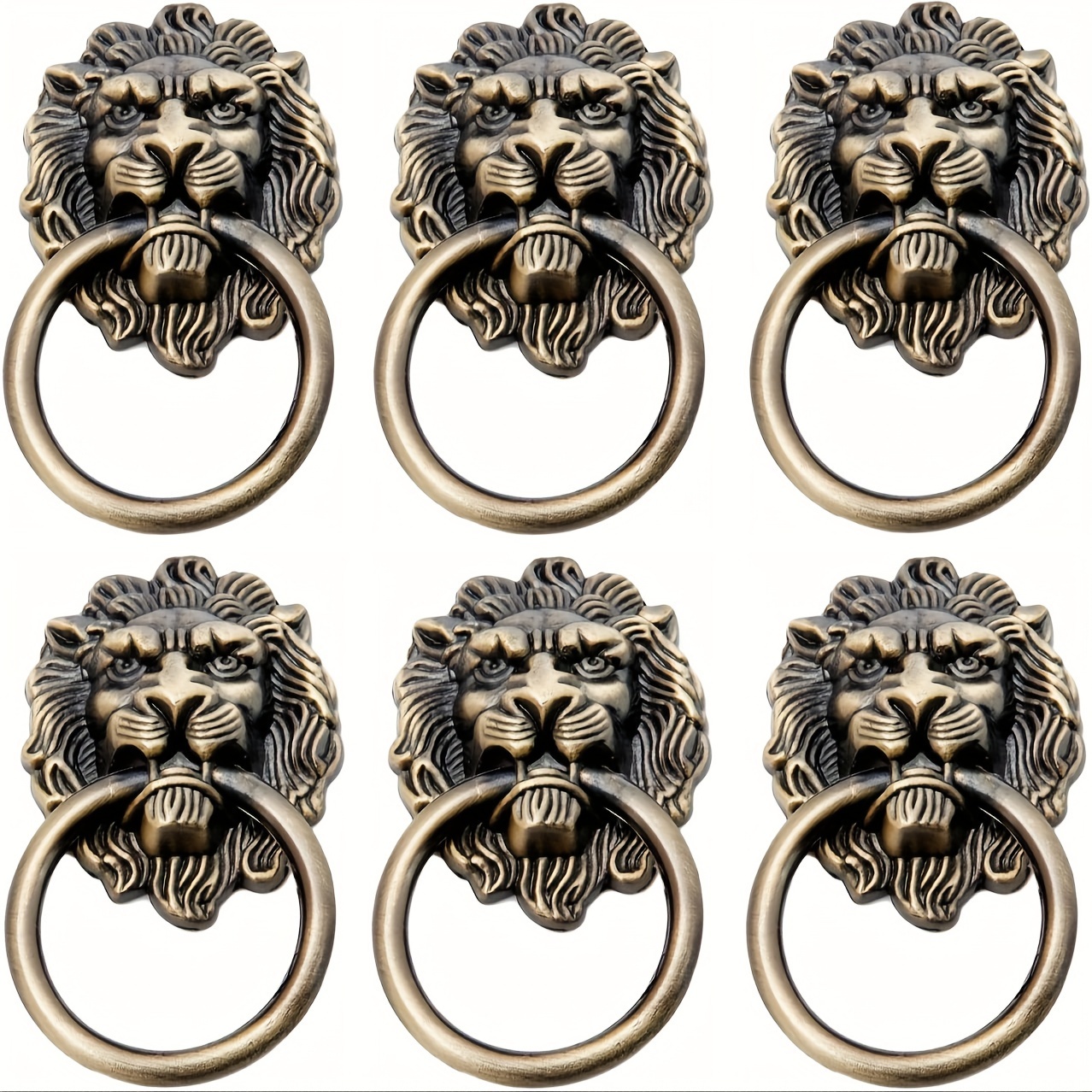 

6 Pack Antique Lion Head Ring Pull Handles With Installation Hardware, Metal Zinc Alloy Drawer Cabinet Knobs For Dresser, Wardrobe, Jewelry Box - Vintage Style Bronze Finish Drawer Pulls