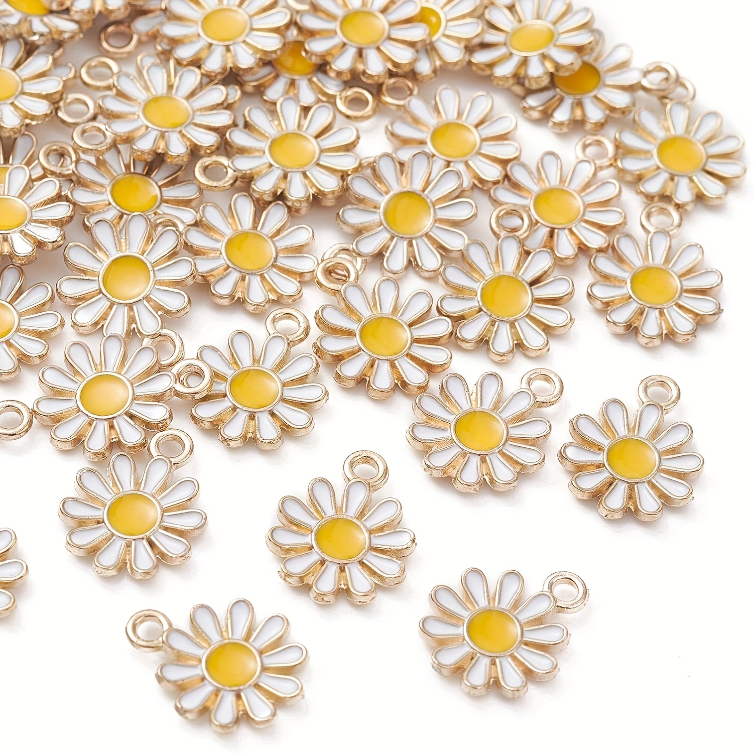 Image of 50pcs White Enamel Mini Daisy Flower Charms - /korean Style Chrysanthemum Suitable For Jewelry Making, Bracelets, Necklaces, Hair & Keychains - Floral Craft Clasps