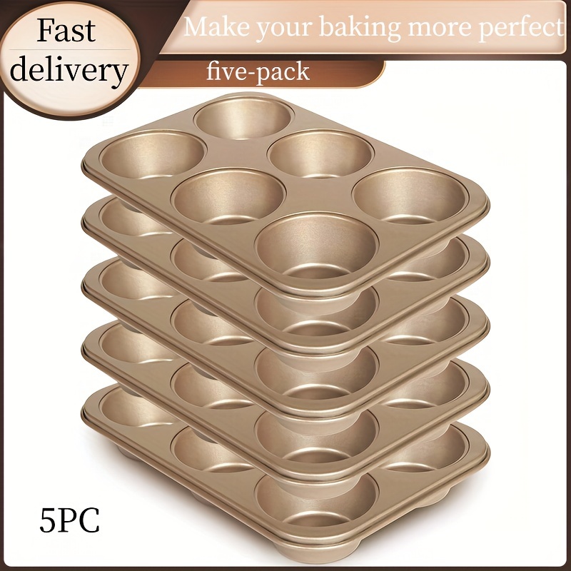 

5pcs Golden Carbon Steel Muffin Pans, 6 Cups Each - & Dishwasher Safe, Baking Cupcakes, Cakes, And More - Ideal For Holidays Like Christmas, Easter, Thanksgiving