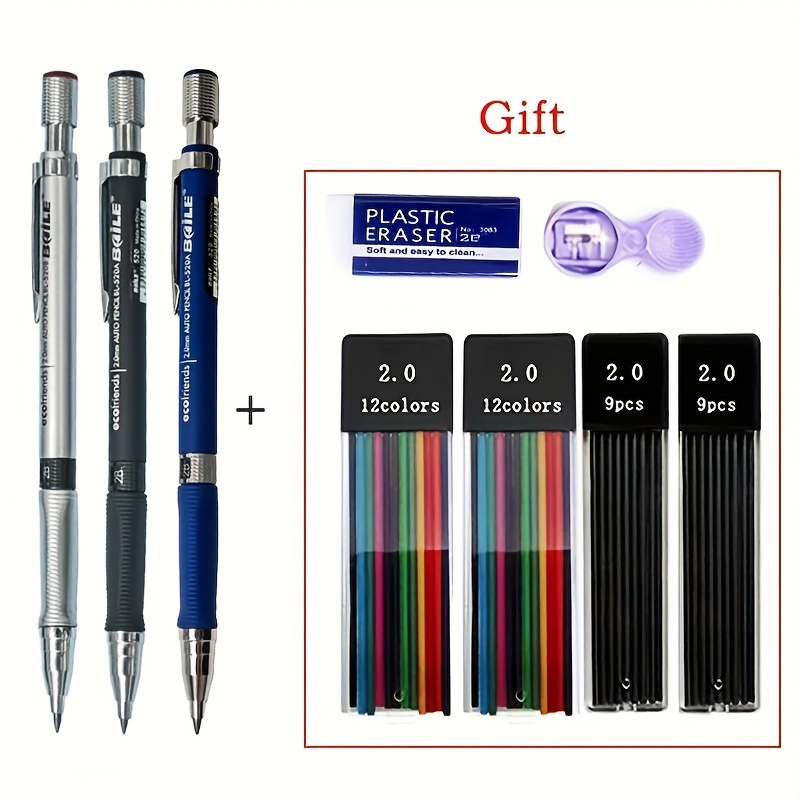 

9-piece Mechanical Pencil Set With 2b Lead Refills - 2.0mm, Color & Black Options For Sketching, Writing, Crafts & Art