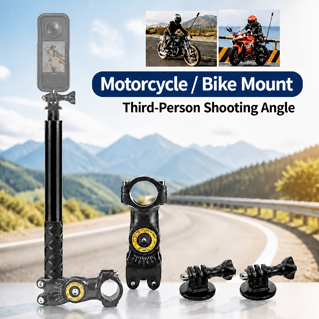 TEMU Aluminum Alloy Third Person Motorcycle Bike Handlebar Mount Selfie Stick Pole, Action Camera Clamp Monopod Stand Compatible With , X4 X3, 4 3