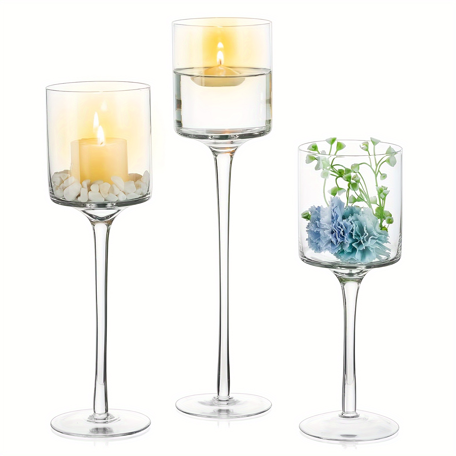 

3-piece Set Glass Candle Holders For Centerpieces, Tall Stemmed Tealight Candlestick Holders For Home, Wedding, Party Table Decor, Transparent Glass, No Electricity Required