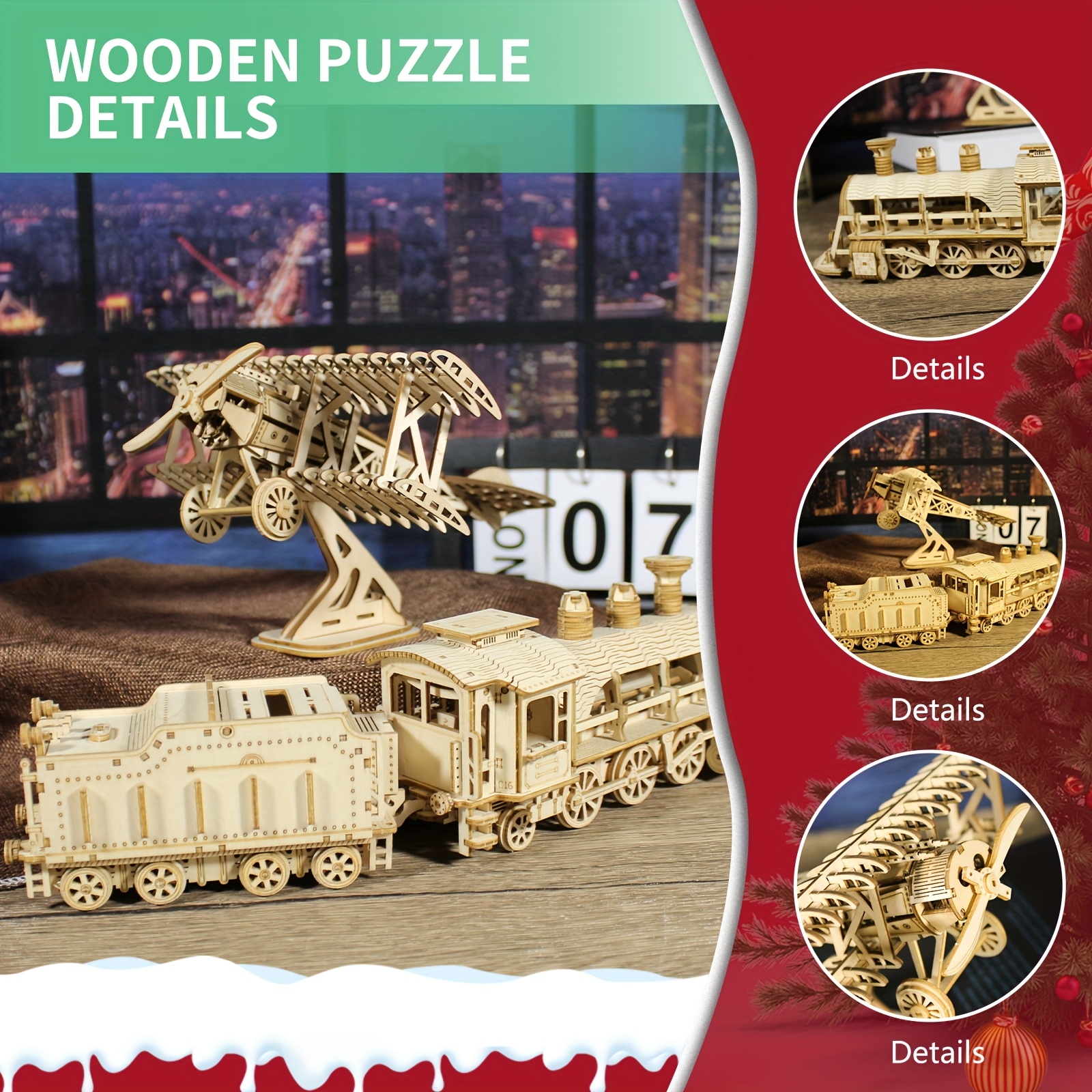2pcs 3D Wooden Puzzle Mechanical Train and Bi-Plane Model Kits