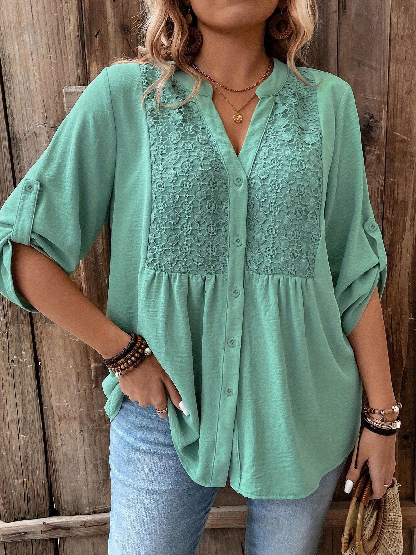 plus size womens plus size lace trim casual button up shirt with rolled sleeves light green 0