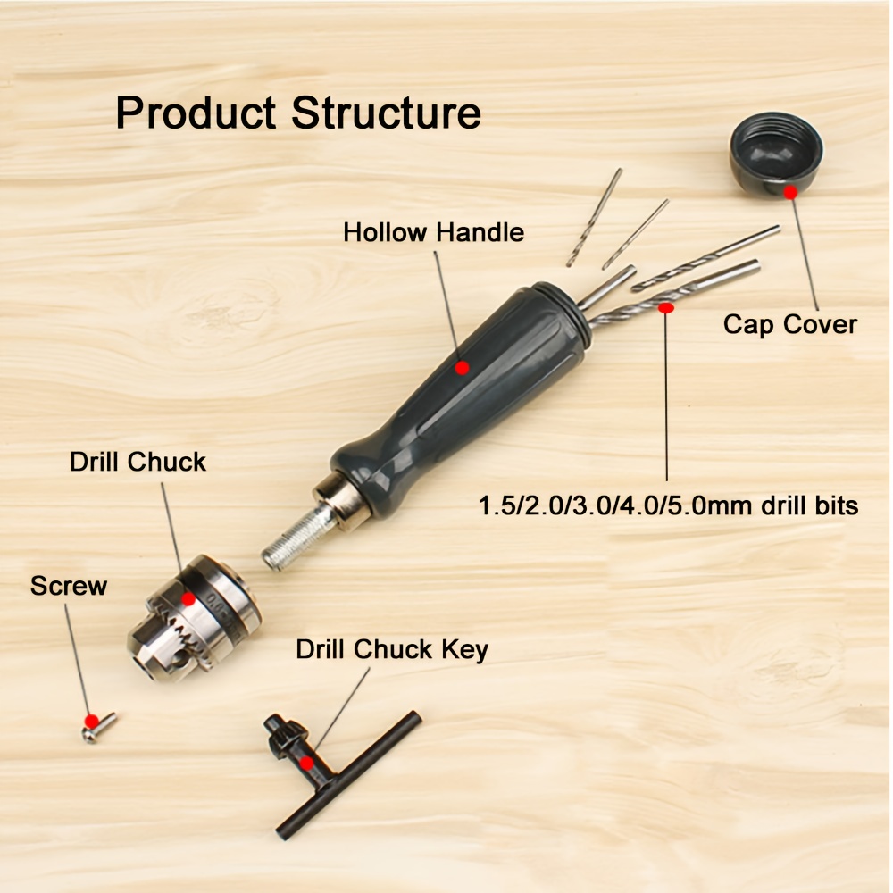 TEMU 7-in-1 Manual Hand Set With Chuck Key And 5 Bits For Wood, Jewelry, Delicate Handcrafts, Electronics , And Making - Steel Handheld Tool Without Supply