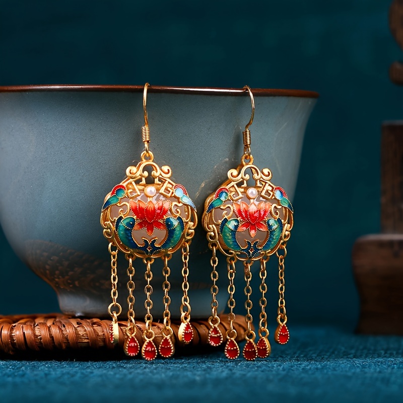 

Vintage Style Gold Plated Copper Fish Tassel Earrings, Glass Embellishments