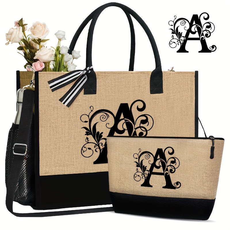 Image of [vmi] Special Fund 884 Letter A-z Printed Tote Bag 1/2pcs Set Lightweight Burlap Shopping Bag Portable Travel Beach Bag And Makeup Bag