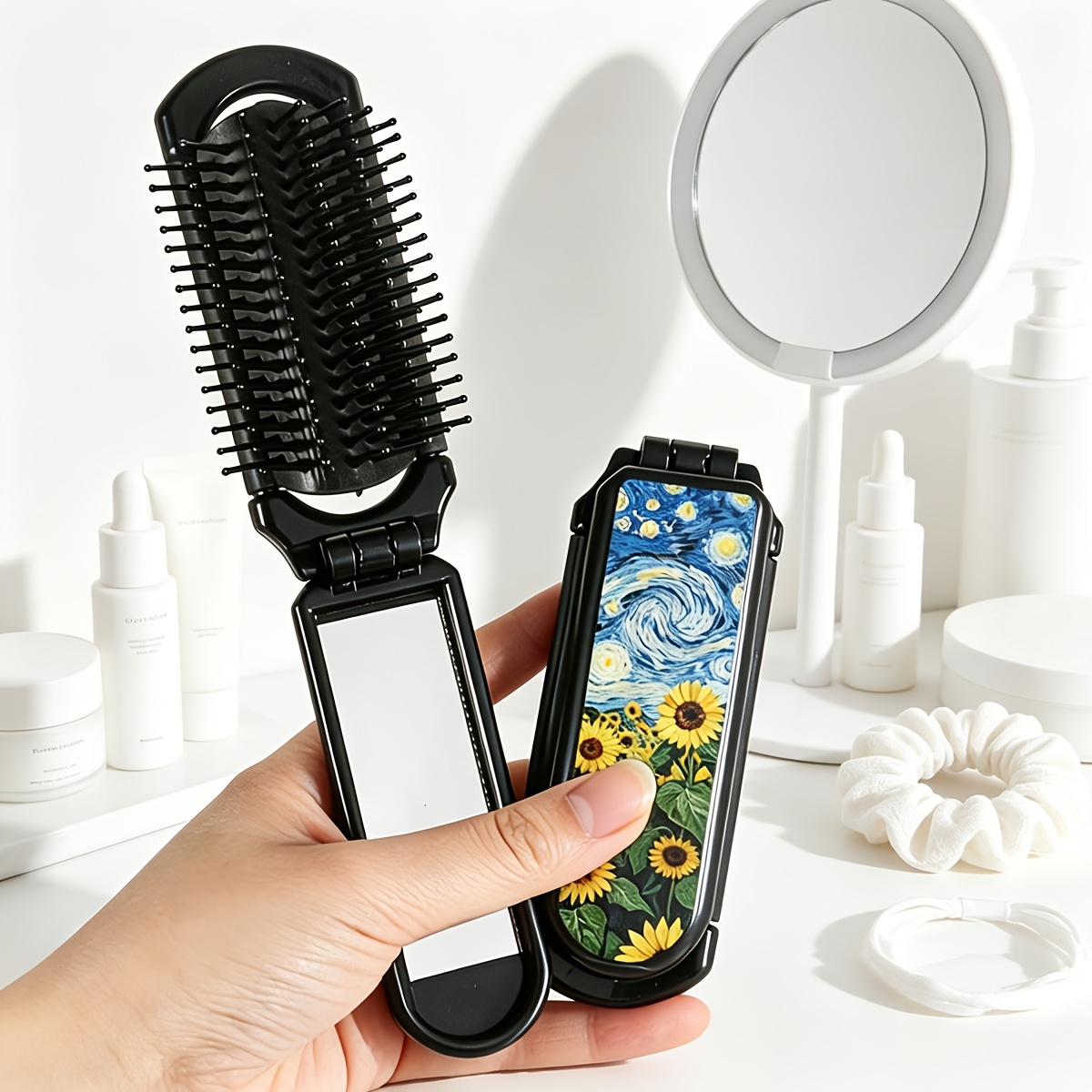 TEMU 1pc 1pcs Foldable Hair Comb Suitable For Women's Travel, Pocket-sized Compact Plastic Comb With Abstract Starry Sky Sunflower - Portable Hair