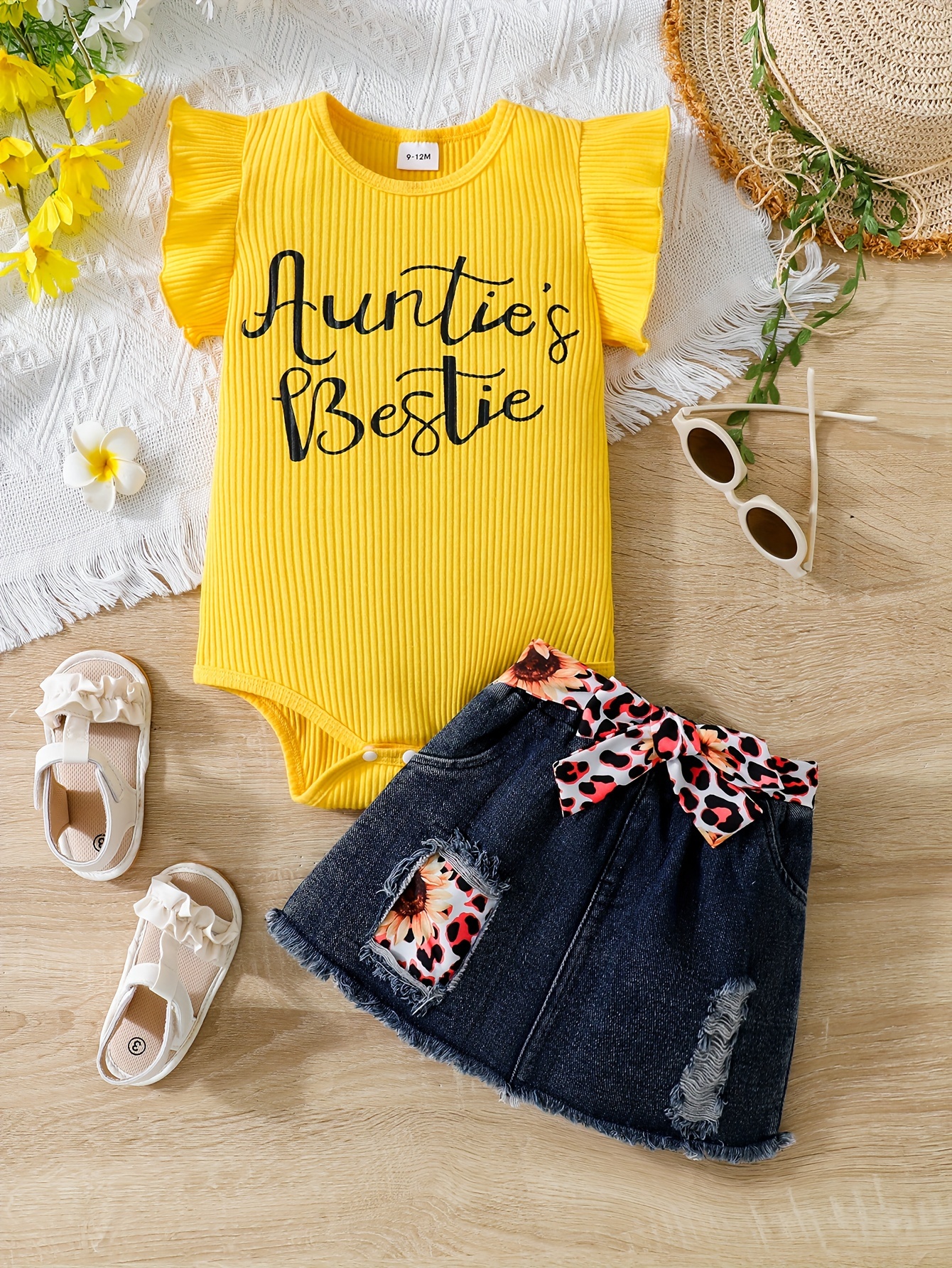 *'s &*;Auntie's Bestie&*; Print 2pcs Casual Summer Outfit, Ribbed Cap  Sleeve Bodysuit Leopard Splicing Ripped Denim Skirt Set, Toddler Infant 