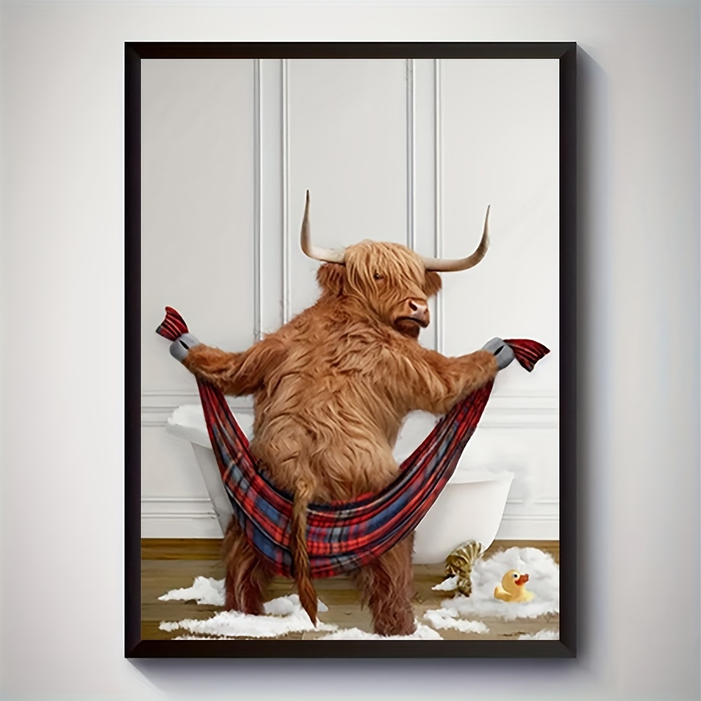 

Funny Highland Cow Print - 12x16" Canvas Art For Bathroom Decor, Bathtub Design