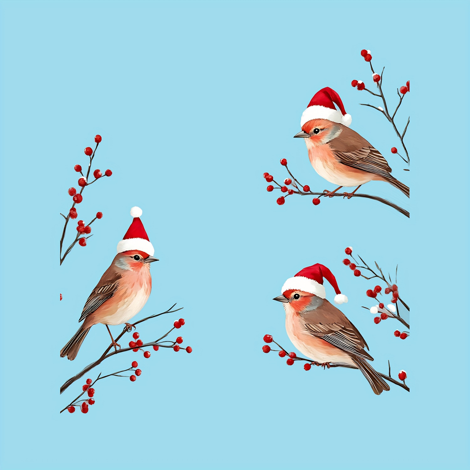 TEMU Fensteraufkleber mit 3 Vögeln in Weihnachtsmannmützen, Weihnachtsdekor-Thema, dekorative Wandaufkleber mit roten Beerenzweigen Schneeflocken,