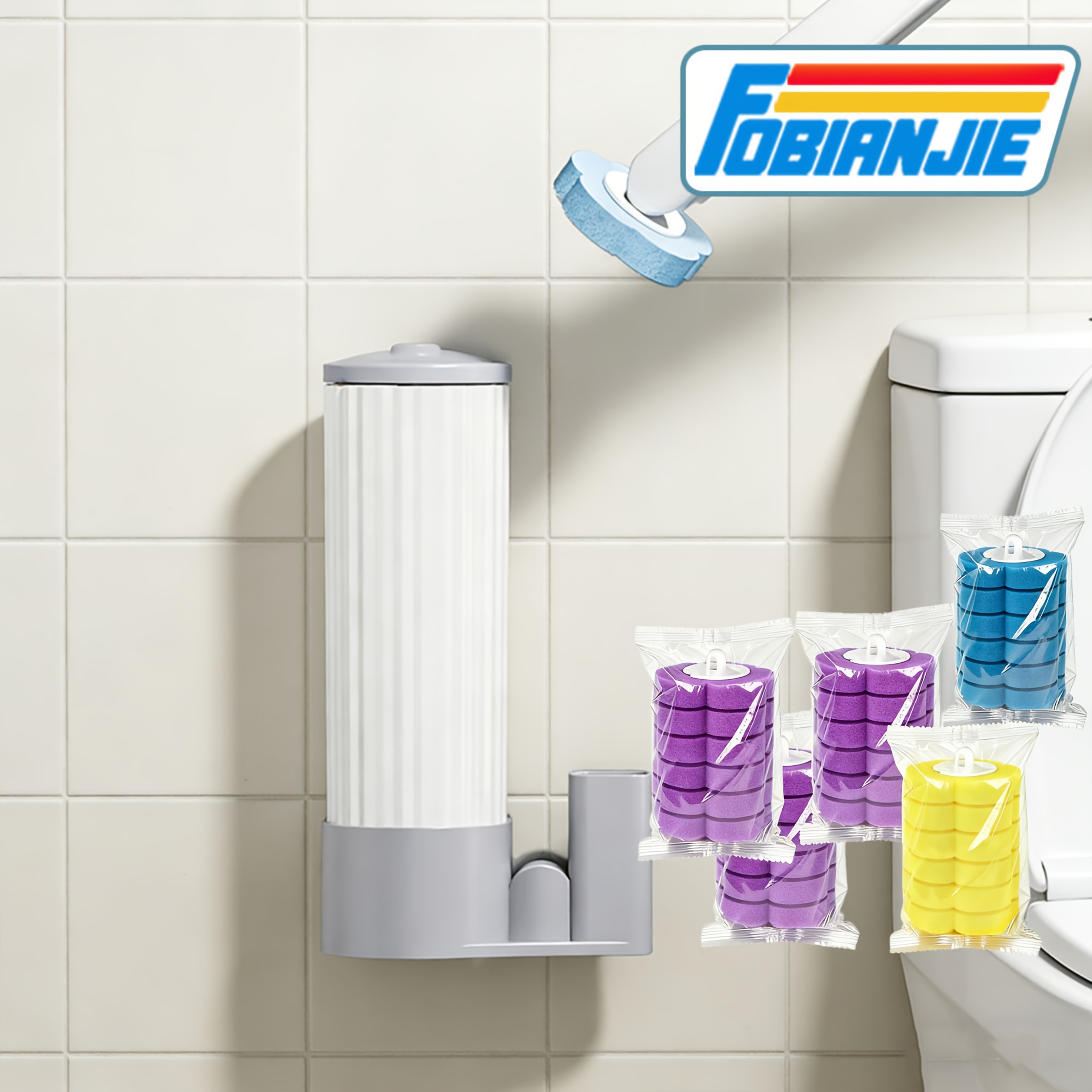 E-shop Dieses grau-weiße WC-Bürsten-Set kann an der Wand montiert werden, wird mit 30 austauschbaren Bürstenköpfen geliefert, erfordert keine Bohrungen