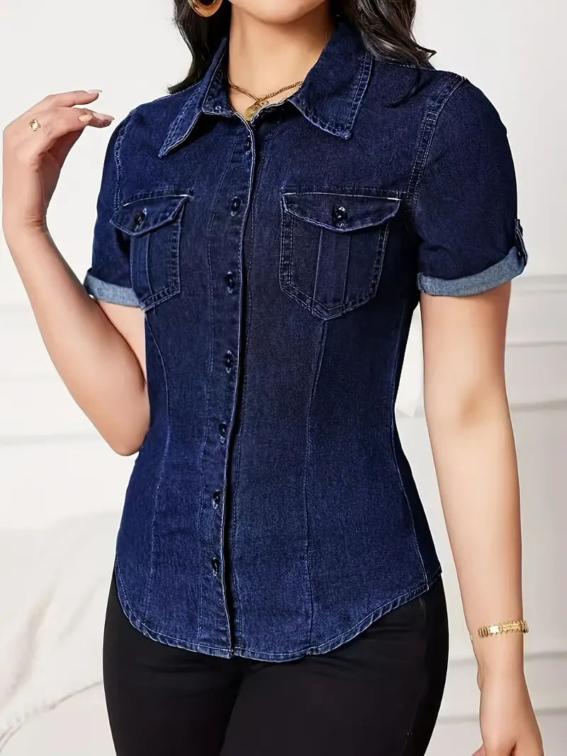 womens   casual shirt summer short sleeve button up with chest pockets machine washable non stretch denim style fabric elegant solid color blouse for casual professional wear Product details 4