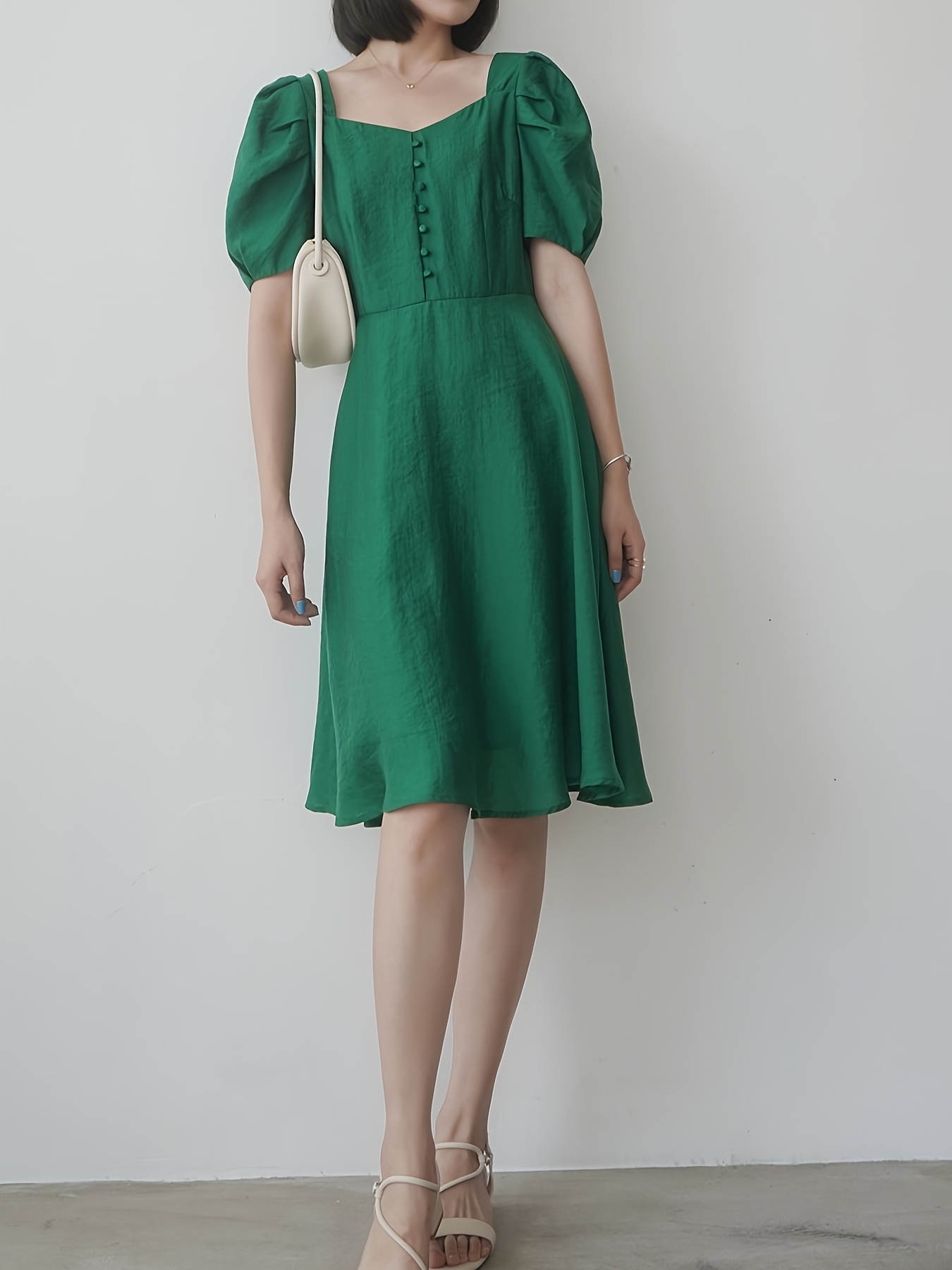 elegant v neck midi dress women puff sleeves solid emerald - Temu Mauritius