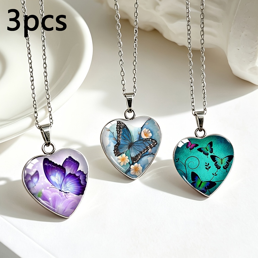 TEMU Ensemble de 3 pièces Collier en Acier Inoxydable de Cœur, Pendentif en Verre Cœur Floral Papillon Aquarelle Violet Bleu, Chaîne Clavicule