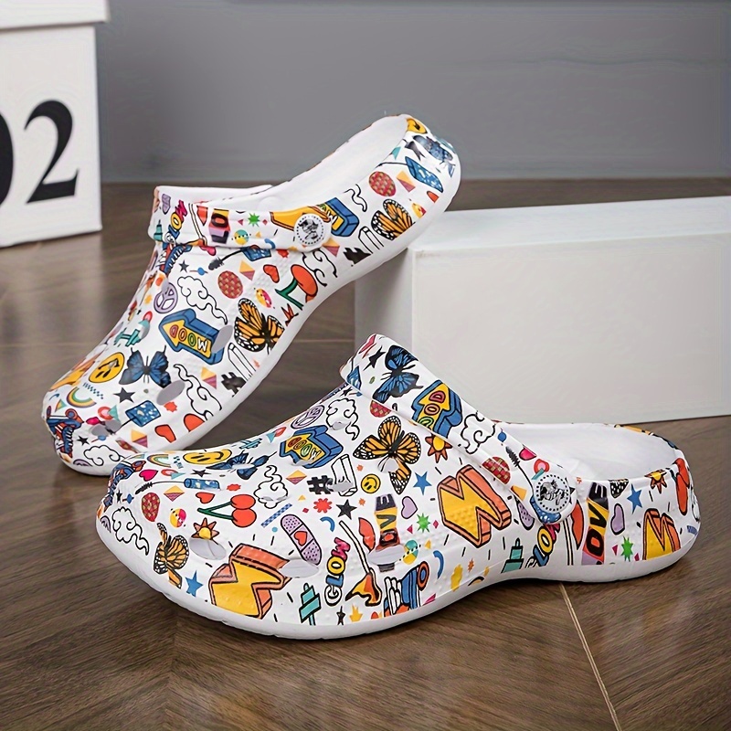 

Women's Trendy Graffiti Pattern Clogs, Casual Hollow Out Design Garden Shoes, Comfortable Slip On Beach Shoes