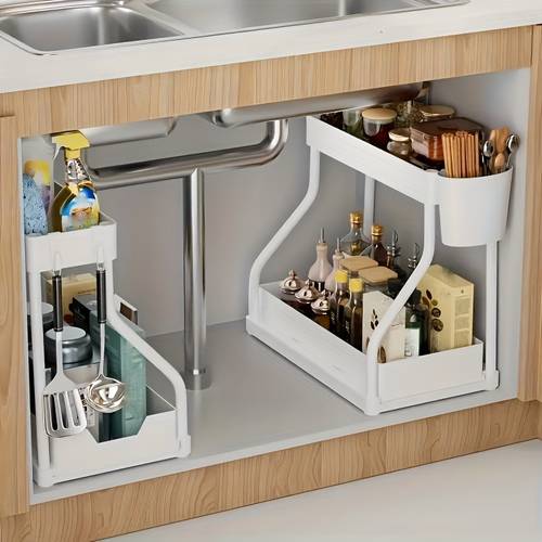 2pcs under sink organizer with sliding shelves durable metal construction black plastic storage baskets for bathroom kitchen cabinets space saving adjustable shelves multi purpose adjustable organizer sleek