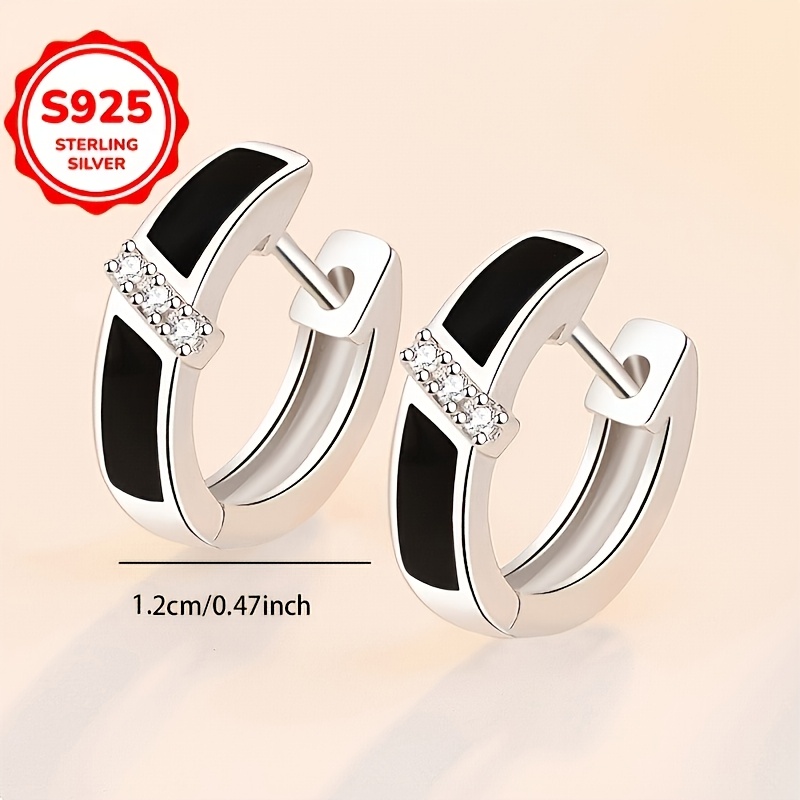 Women's Stylish Black Enamel Stud Earrings, 925 Silver