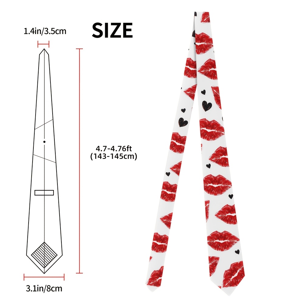 TEMU 1pc Men's Leopard Print Lips Heart Tie - 8cm Wide, Washable Polyester, Vibrant Design, Perfect For Corporate Events Or Father's Day Gifting