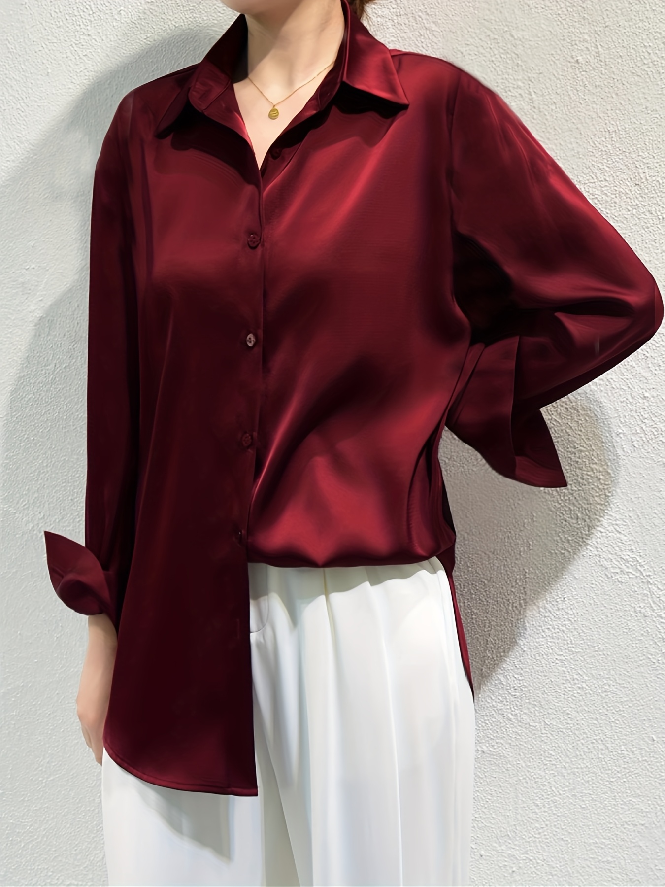 womens elegant red satin long sleeve button shirt smooth - Temu