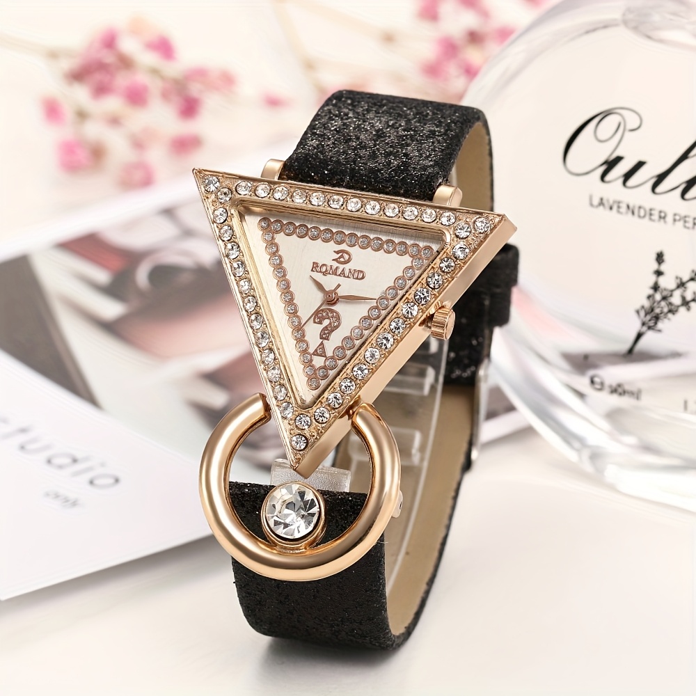 1pc/5pcs HIKUN Women's Elegant Rhinestone-Encrusted Triangle Watch with Sparkling PU Strap, Quartz Movement & Analog Display - Suitable for Parties, Daily Wear, Christmas, Valentine's Day, New Year Gift - Luxury Handwatch