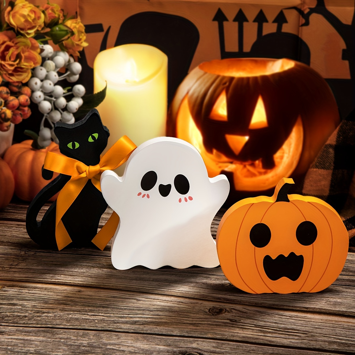 

Set Of 3 Cute Halloween Tiered Tray Decorations Indoor, Ghost Wooden Decor Pumpkin Blocks Signs For Party Home Decoration