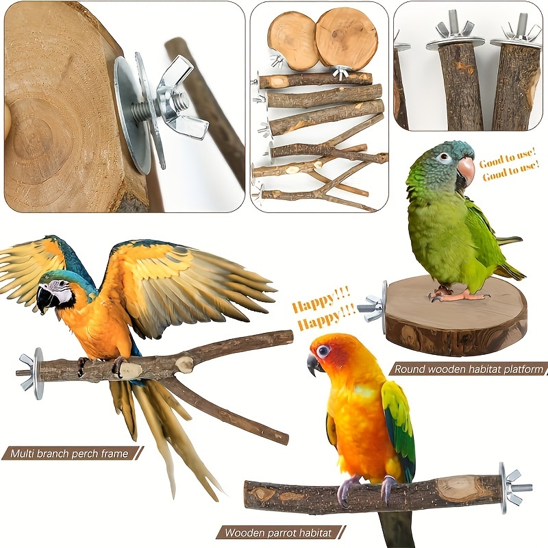 

8pcs Natural Wood Bird Perch Toys, Wooden Parrot Stand Fork Toys, Hanging Multi-branch Platform Hammock Swing Toy For Birds
