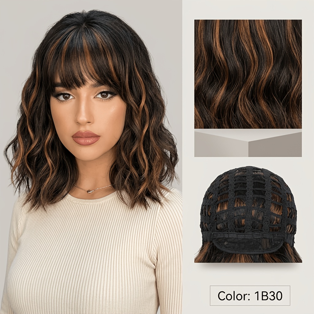 TEMU Women's Medium Wavy Bob Wig With Straight Bangs, Dark Brown With Caramel Balayage Highlights Synthetic Heat Resistant Hair Wigs For Daily Party