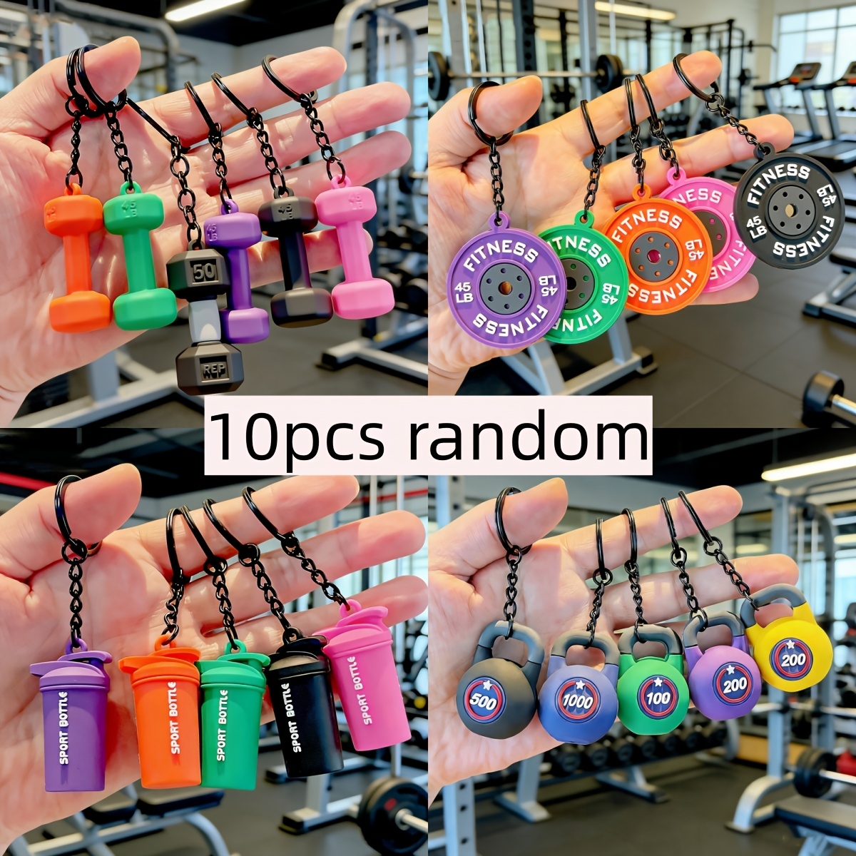 TEMU 10pcs Random Style And Color Colorful Mini For Sports Suit Keychain, With Water Cup Kettlebell Dumbbell Barbell Piece, Portable Bag Pendant And