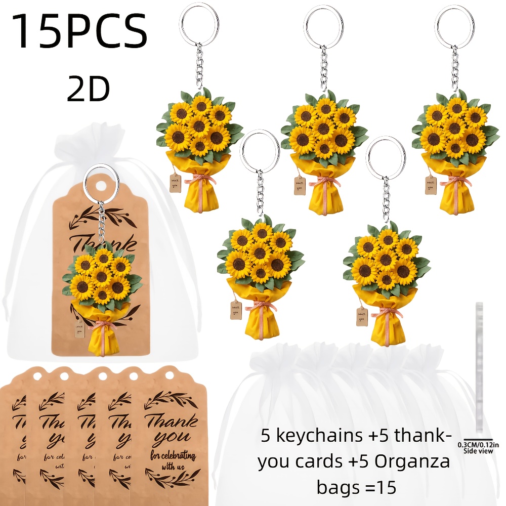 TEMU 2d Flat, 2d Flat 15pcs Sunflower Bouquet Element Keyring Gift Set - Includes 5 Acrylic 2d Design Keychains + 5 Thank You Cards + 5 Gift Organza
