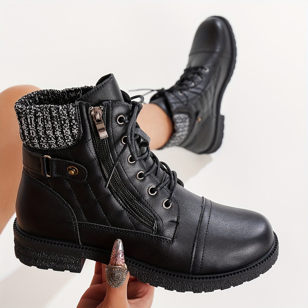 Image of Women's Fall And Winter Season Fashion Low Heel Lace Zipper Ankle Boots Comfortable Embroidered Round Toe Knit Collar Western Classic Boots, Women Shoes Elegant Women Shoes Shoes