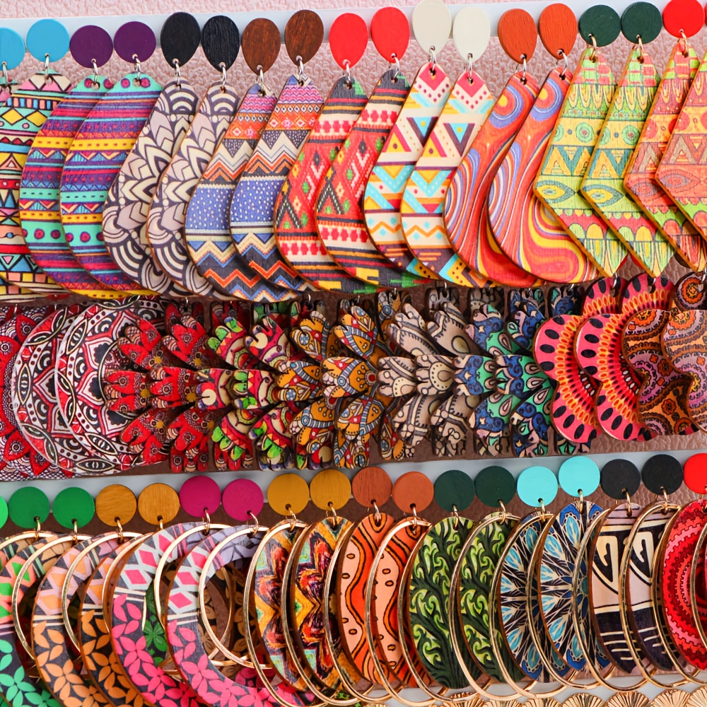 10 Pairs Bohemian Vintage Handmade Wooden Earrings Set